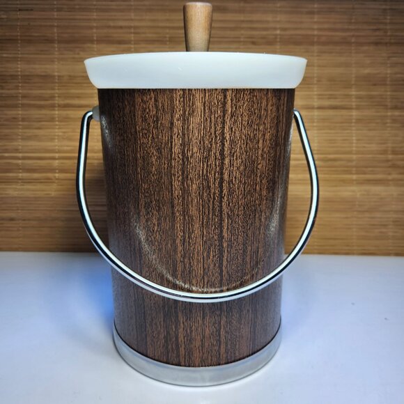 Vintage Mid-Century Kromex Faux Wood Grain Ice Bucket w-Chrome Top and Handle - Picture 2 of 6